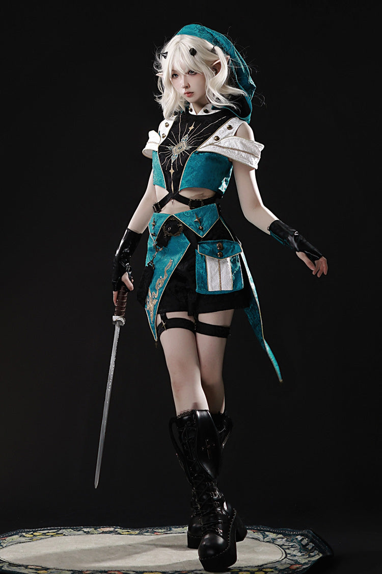 Blue/Green [Traveler’s Outfit] Print Embroidery Hooded Ouji Fashion Sweet Handsome Lolita Set - Product - 5