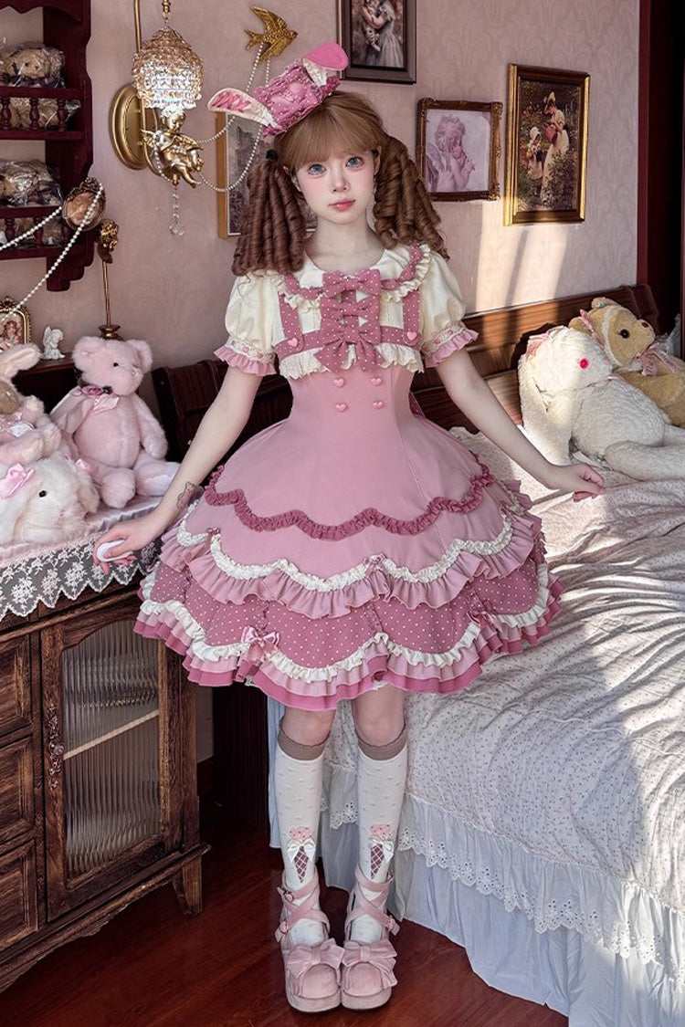 Pink [Bunny Parfait] Short Sleeves Multi-Layered Ruffle Bowknot Sweet Lolita Dress - Pink - 1