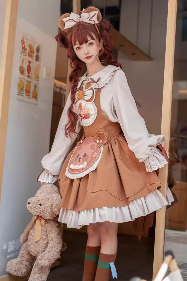 Brown Cookie Bear Multi-layer Print Ruffle Bowknot Sweet Lolita Dress - Product - 7