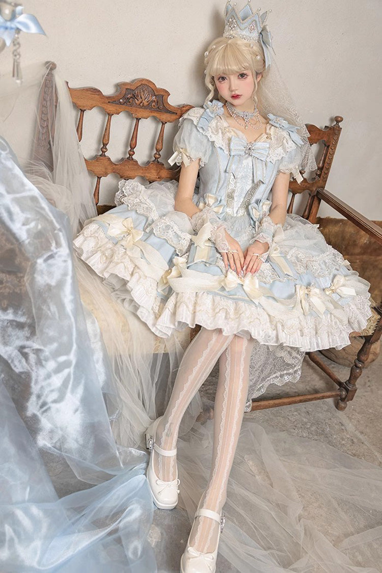 Light Blue [Girls' Day] Short Sleeves Multi-Layered Ruffle Bowknot Lace Sweet Lolita Dress 2 Versions - Product - 2