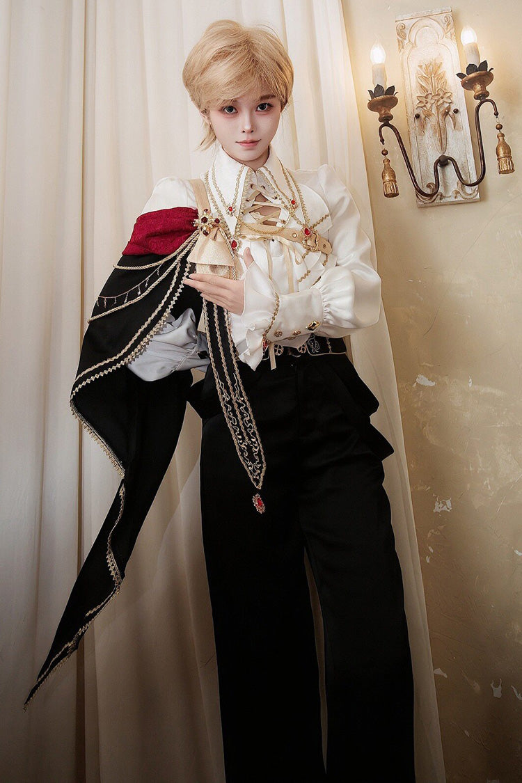 Black/White [Oath Knight] Lapel Collar Long Sleeves Ruffled Embroidered Gothic Ouji Lolita Set - Product - 5