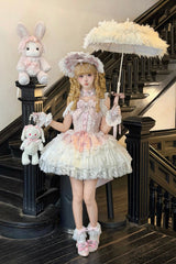 Pink [Pearl Ballet] Square Collar Sleeveless Multi-Layered Ruffled Bow Lace-Up Pearl-Decorated Sweet Ballet Lolita Jsk Dress - Product - 9