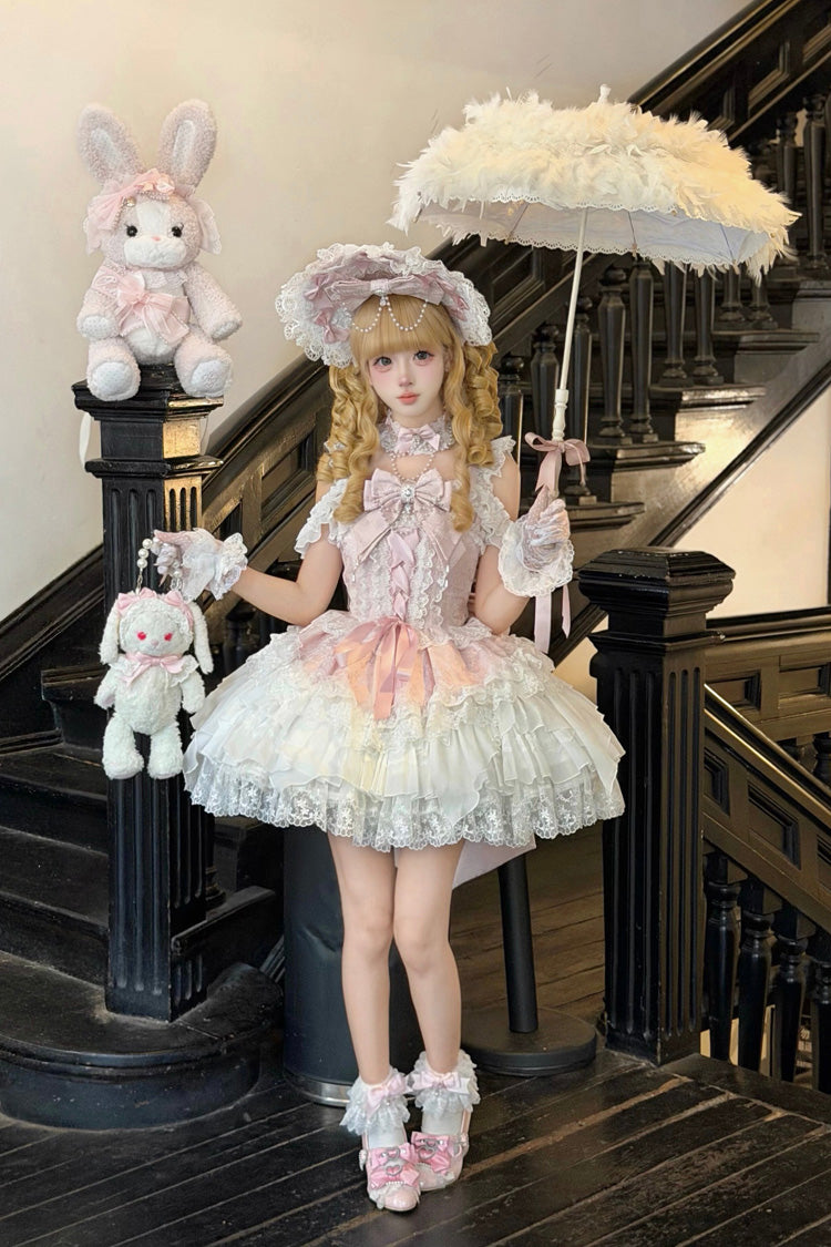 Pink [Pearl Ballet] Square Collar Sleeveless Multi-Layered Ruffled Bow Lace-Up Pearl-Decorated Sweet Ballet Lolita Jsk Dress - Product - 9
