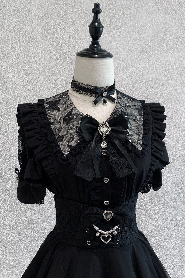 Black [Dreamy Love Ballad] Lapel Collar Short Sleeves Double-Layered Ruffled Cut-Out Bow Gothic Japanese Jirai Kei Skirt Set - Black-Top(Only) - 4