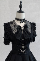 Black [Dreamy Love Ballad] Lapel Collar Short Sleeves Double-Layered Ruffled Cut-Out Bow Gothic Japanese Jirai Kei Skirt Set - Black-Top(Only) - 4