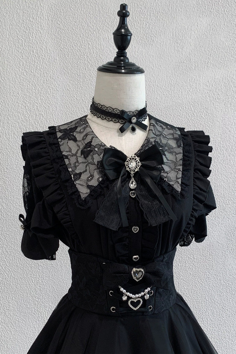 Black [Dreamy Love Ballad] Lapel Collar Short Sleeves Double-Layered Ruffled Cut-Out Bow Gothic Japanese Jirai Kei Skirt Set - Black-Top(Only) - 4