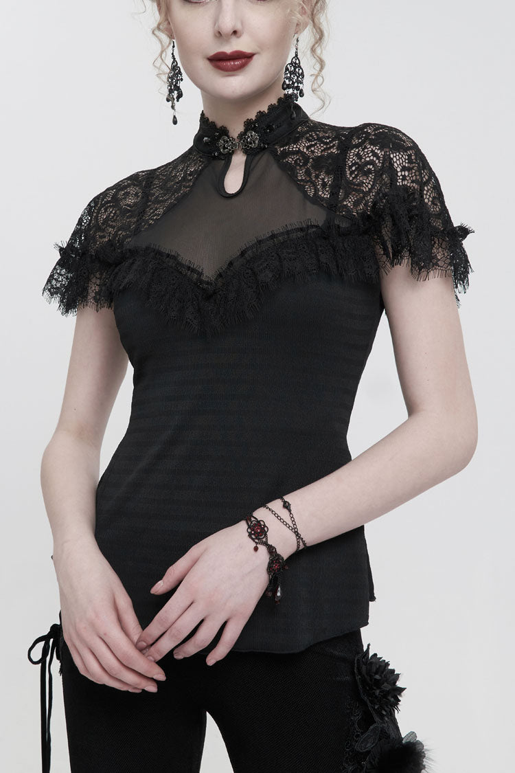Black Chinese Style V-Neck Nail Drill Chest Stitching Mesh Raglan Sleeves Gothic Cheongsam Style Women's Slim T-Shirt - Black - 1