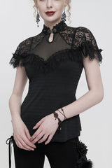Black Chinese Style V-Neck Nail Drill Chest Stitching Mesh Raglan Sleeves Gothic Cheongsam Style Women's Slim T-Shirt - Black - 1
