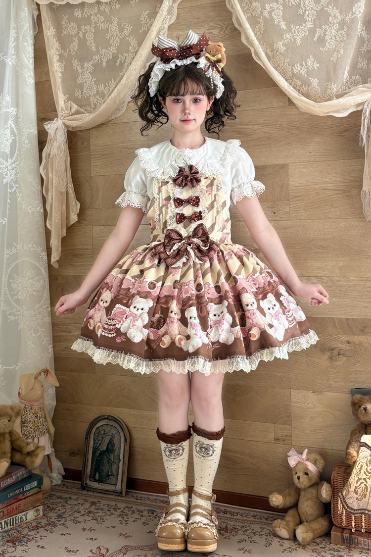 [Chocolate Brownie] Sleeveless Printed Ruffled Bow Lace Sweet Lolita Strap Dress 2 Colors - Product - 3