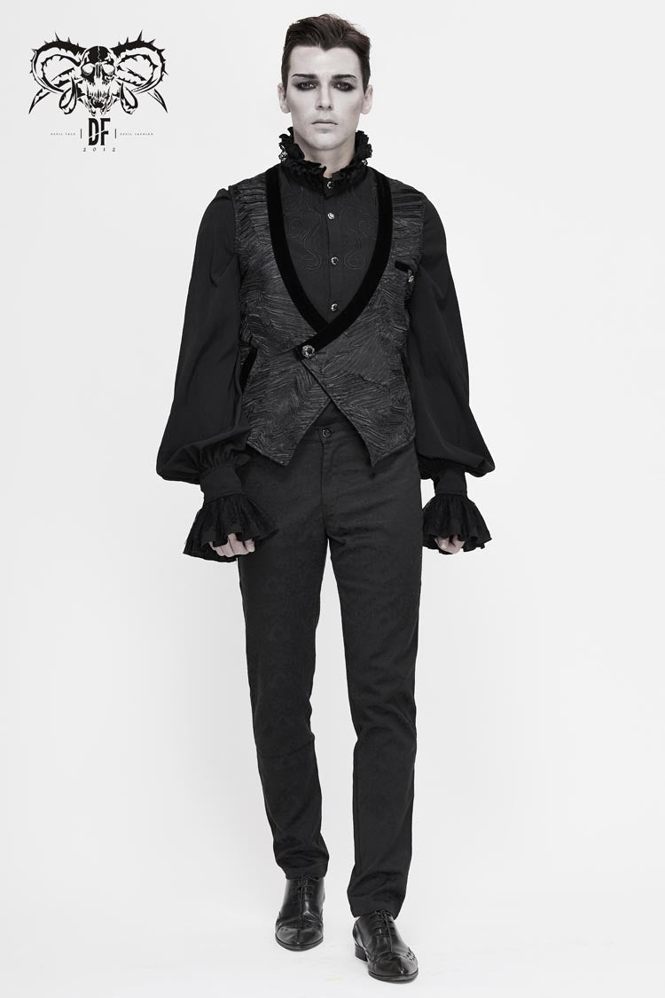 Black Velveteen Asymmetrical Pleated Splice Waist Loop Men's Gothic Waistcoat - Product - 4