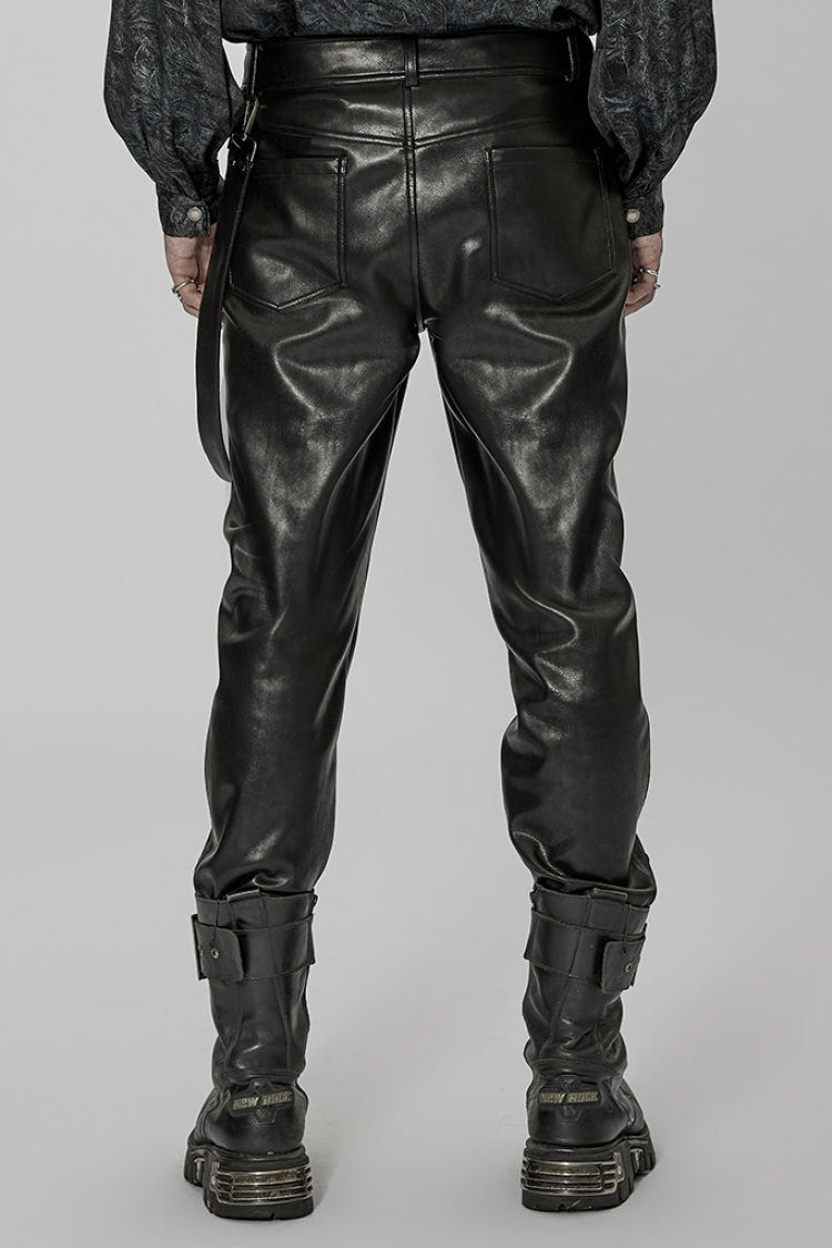 Black Faux Leather Detachable Metal Side Straps Men's Steampunk Pants - Product - 3