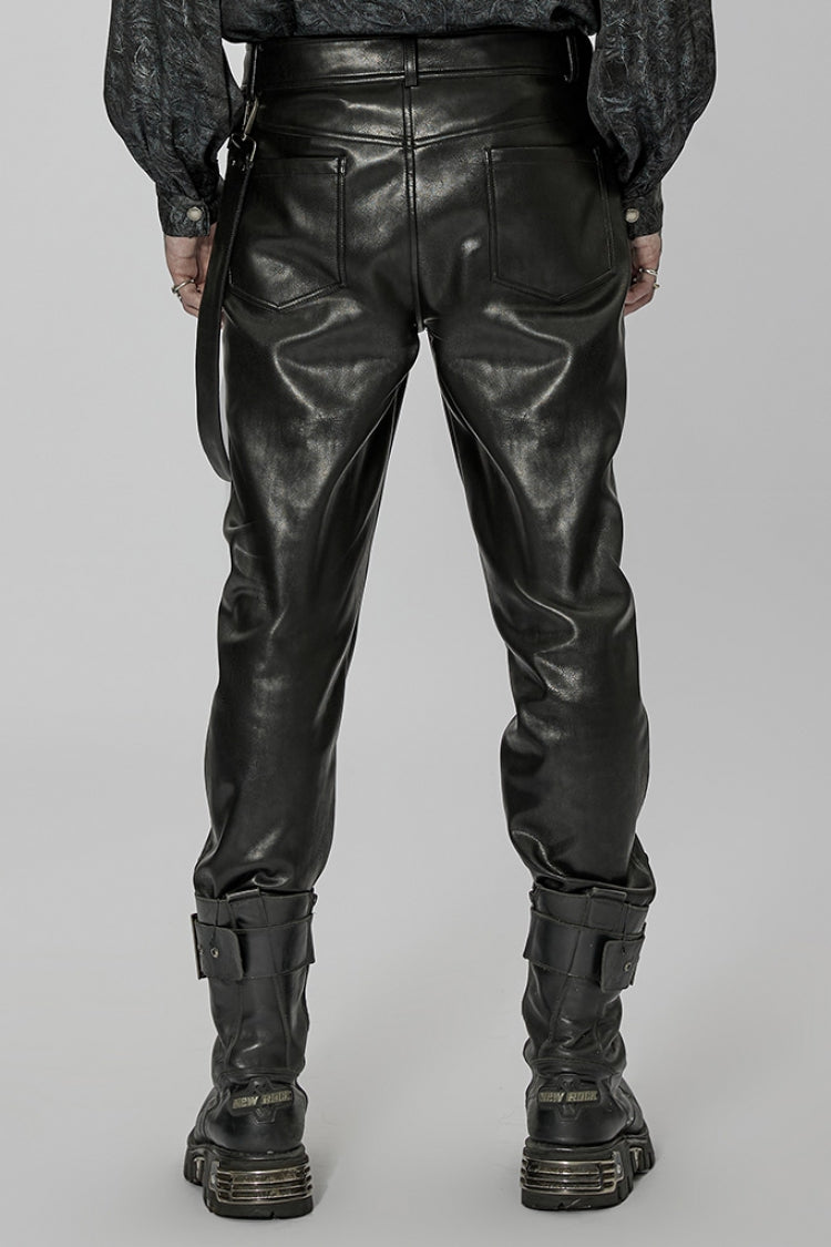 Black Faux Leather Detachable Metal Side Straps Men's Steampunk Pants - Product - 3