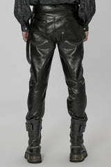 Black Faux Leather Detachable Metal Side Straps Men's Steampunk Pants - Product - 3
