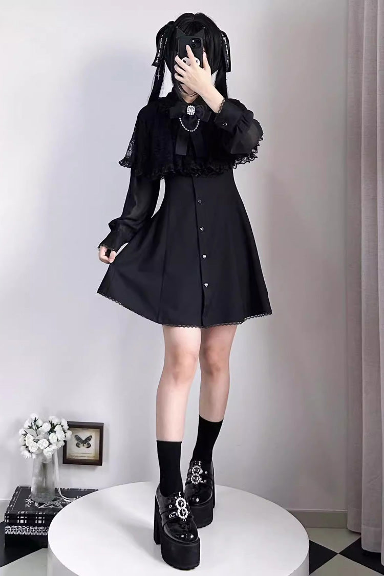 Black Shawl Lace Chiffon Long Sleeves Lace Slim Jirai Kei Dress - Product - 4