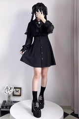 Black Shawl Lace Chiffon Long Sleeves Lace Slim Jirai Kei Dress - Product - 4