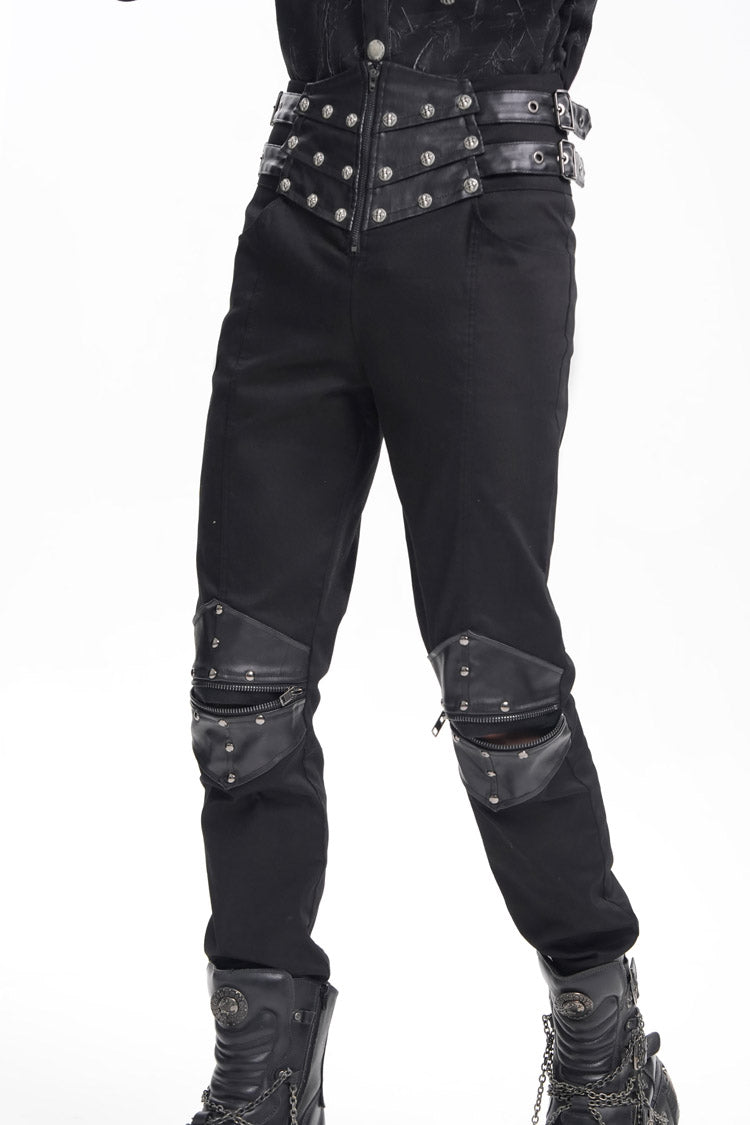 Black Stitching Buckle-up Studs Men's Gothic Pants - Product - 10