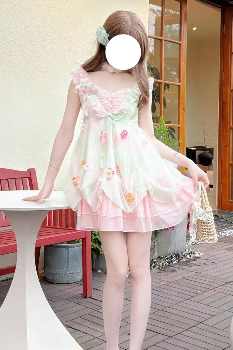 Pink/Green [Dream of Flowers] Sleeveless Print Ruffle Lace Sweet Princess Lolita Jsk Dress - Product - 4