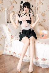 Black/Pink Summer Sweetheart Triple-Layered Ruffled Bow Sweet Lolita Bubble Swimsuit - Product - 5