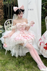 Pink [True Love Strawberry] Print Off Shoulder Sleeveless Ruffle Bowknot Lace Sweet Princess Lolita Dress Set - Product - 9