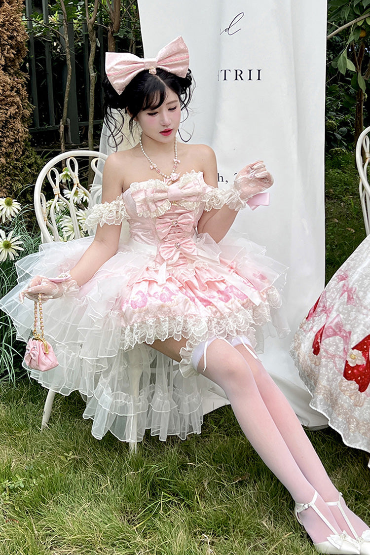 Pink [True Love Strawberry] Print Off Shoulder Sleeveless Ruffle Bowknot Lace Sweet Princess Lolita Dress Set - Product - 9