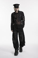 Black Stand Collar Long Sleeves Spliced Lace-Up Mesh Studded Buckled Eyelet Men's Punk Jacket - Product - 7