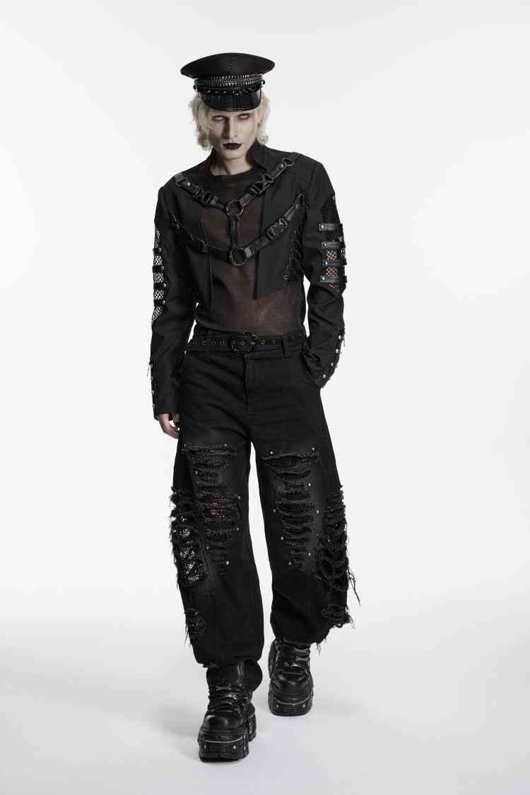 Black Stand Collar Long Sleeves Spliced Lace-Up Mesh Studded Buckled Eyelet Men's Punk Jacket - Product - 7