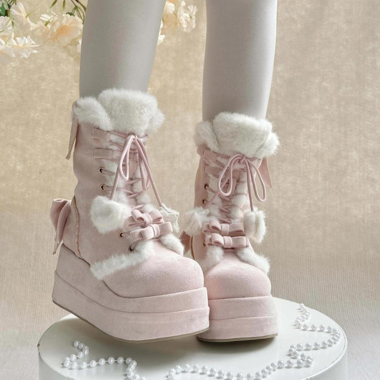 Pink Cute Platform Thick-Soled Bowknot Lace-Up Sweet Lolita Plush Boots - Pink - 1