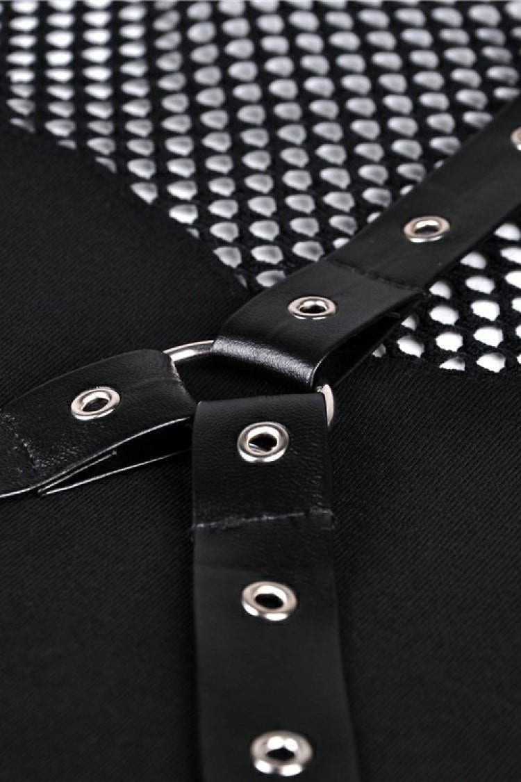 Black Off Shoulder Long Sleeves Mesh Crossed Harness Straps Eyelet Sexy Women's Punk Top - Product - 14