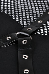 Black Off Shoulder Long Sleeves Mesh Crossed Harness Straps Eyelet Sexy Women's Punk Top - Product - 14