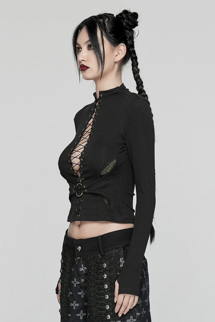 Black Long Sleeves Stitching Lace-Up Mesh Women's Punk Blouse - Product - 2