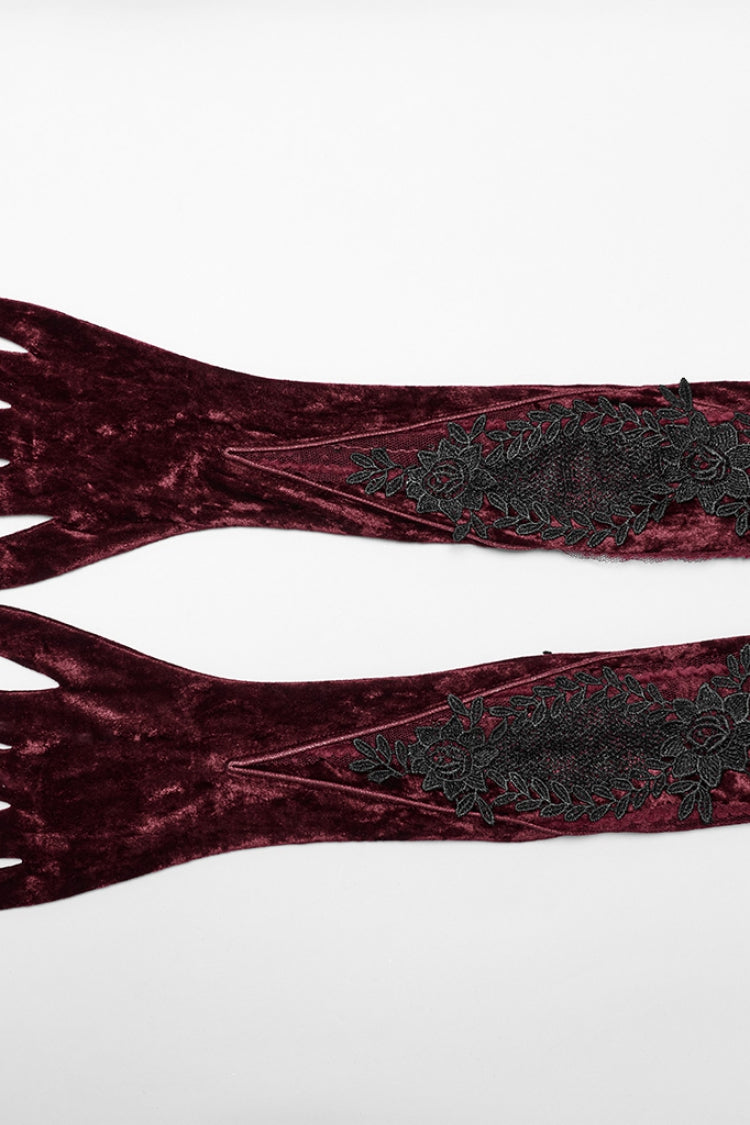 Red Floral Embroidery Lace-Up Women's Gothic Gloves - Product - 6