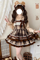 Brown [Caramel Cocoa] Double-Layered Print Ruffle Bowknot Sweet Lolita Jsk Dress - Product - 2