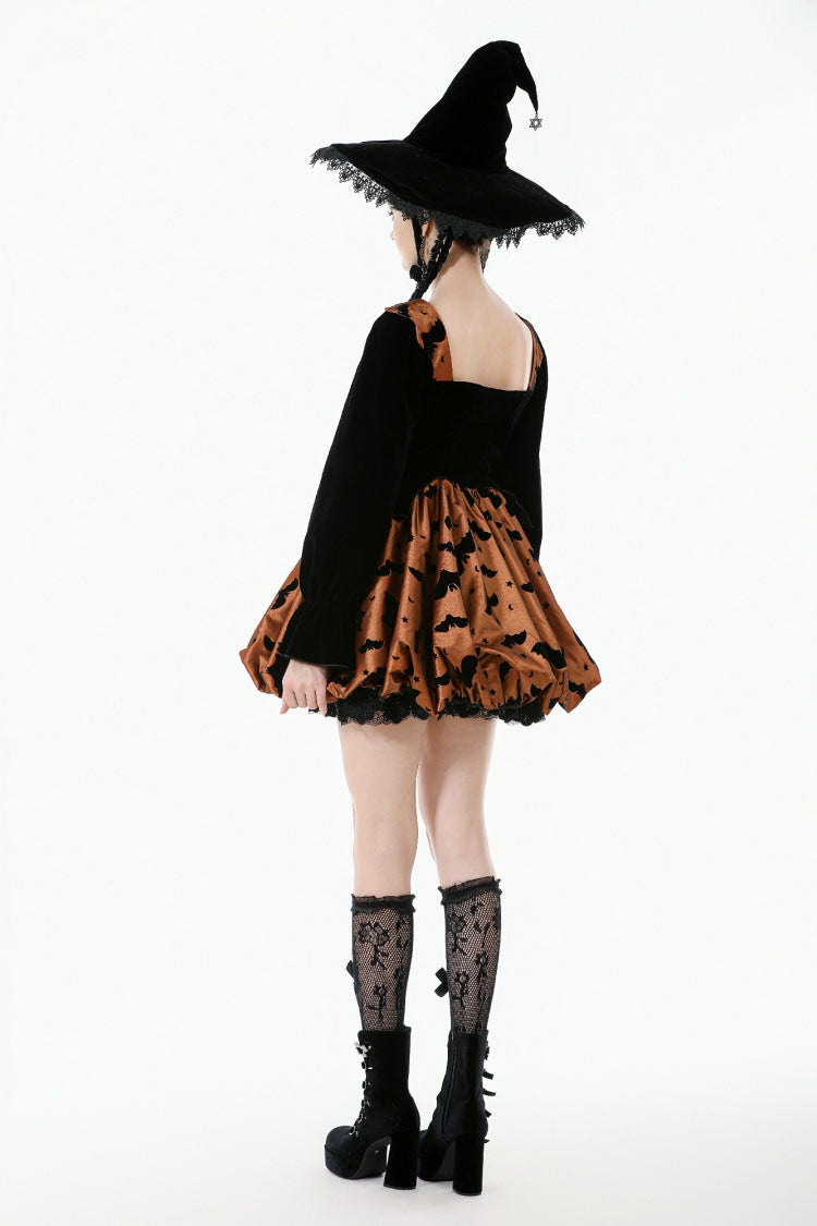 Black/Orange Square Collar Long Sleeves Bat Printed Lace-Up Women's Gothic Pumpkin Halloween Dress - Product - 4