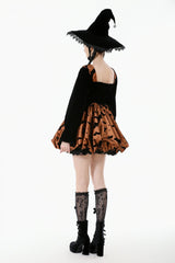 Black/Orange Square Collar Long Sleeves Bat Printed Lace-Up Women's Gothic Pumpkin Halloween Dress - Product - 4