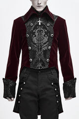 Red Court Pattern Lapel Collar Velvet Mens Gothic Coat - Red - 1