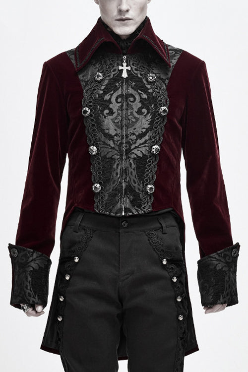 Red Court Pattern Lapel Collar Velvet Mens Gothic Coat - Red - 1