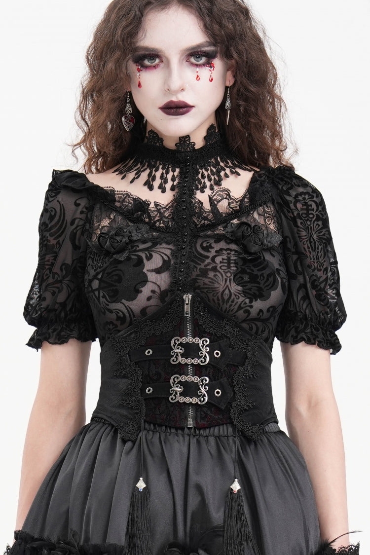 Black Embroidered Lace Lace-Up Slim Fit Zippered Women's Gothic Tassels Luxurious Royal Underbust Corset - Black - 2