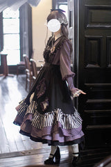 Black [Witch Academy] Double-Layered Stripe Print Ruffle Bowknot Irregular Sweet Lolita Jumper Dress - Product - 5