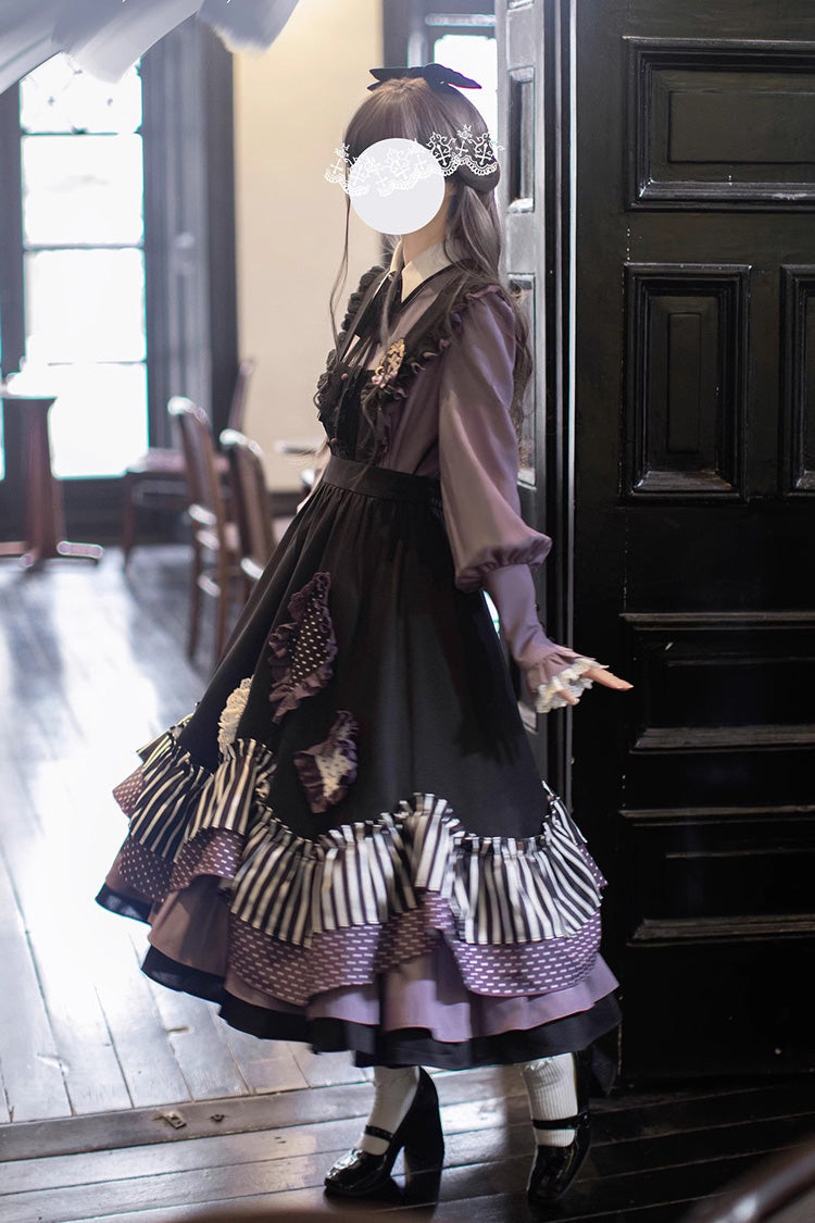 Black [Witch Academy] Double-Layered Stripe Print Ruffle Bowknot Irregular Sweet Lolita Jumper Dress - Product - 5