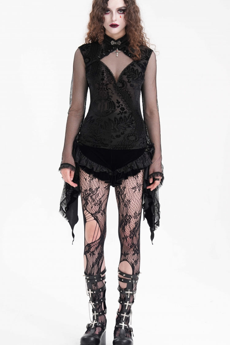 Black Stand Collar Hollow Embroidery Lace Women's Gothic Blouse - Black - 1