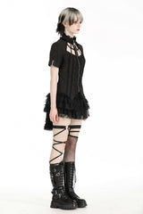 Black Stand Collar Short Sleeves Spider-Shaped Zippered Cut-Out Irregular Women's Punk Blouse - Product - 2