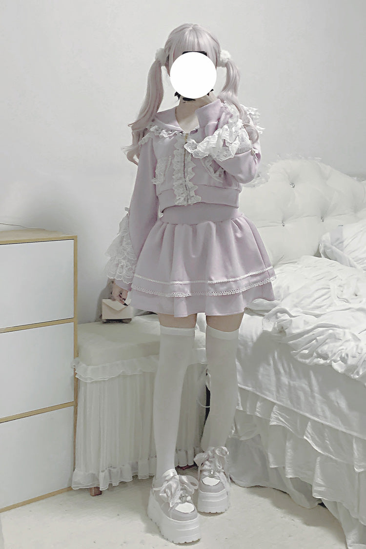 Pink [Heartbeat Rhythm] Long Sleeves Ruffle Lace Hooded Jirai Kei Japanese Skirt Set - Product - 2