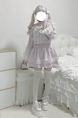 Pink [Heartbeat Rhythm] Long Sleeves Ruffle Lace Hooded Jirai Kei Japanese Skirt Set - Product - 2