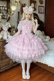 Pink [Lotus Butterfly Heart] Multi-Layered Ruffle Hanayome Bowknot Lace Sweet Lolita Jsk Dress - Pink - 1