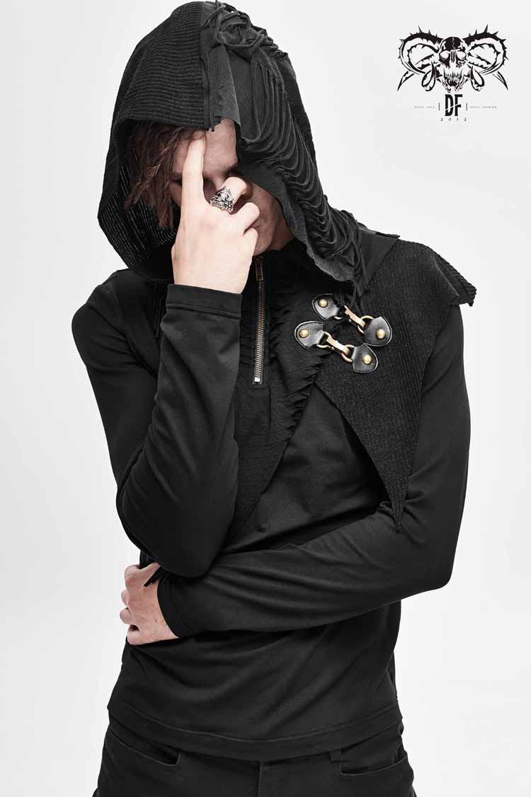 Black Long Sleeves Asymmetric Tatters Strip Leather Metal Loop Hooded Men's Punk T-Shirt - Product - 2