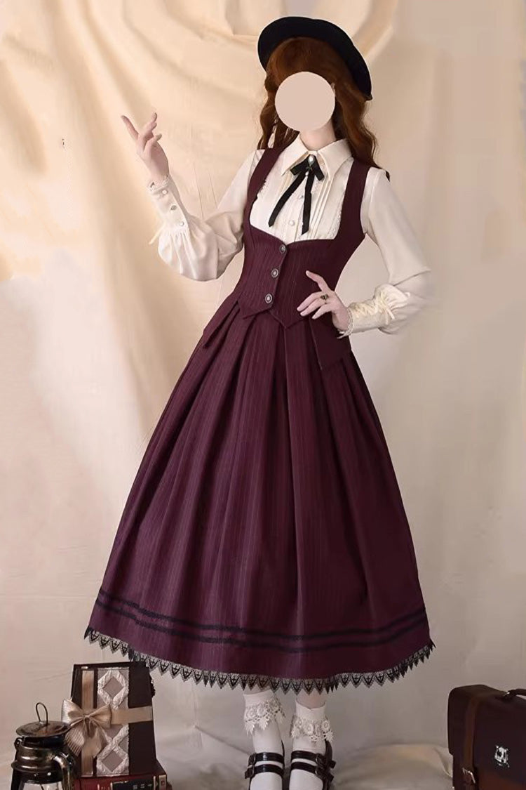 Red [Griffin’s Pact] Striped Printed Ruffled Gothic Lolita Skirt Vest Set - Red (Set) - 1