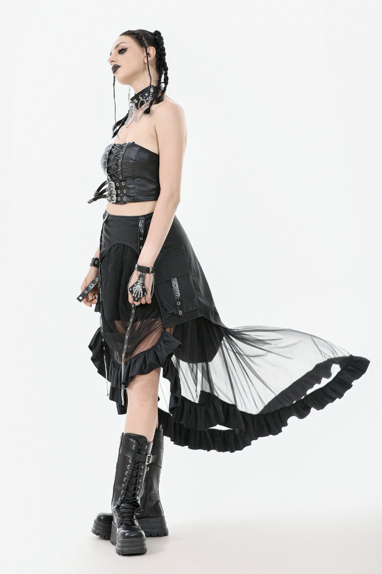 Black Eyelet Straps Women's High-Low Multi-Layered Ruffled Sheer Mesh Punk Skirt - Product - 11