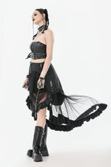 Black Eyelet Straps Women's High-Low Multi-Layered Ruffled Sheer Mesh Punk Skirt - Product - 11