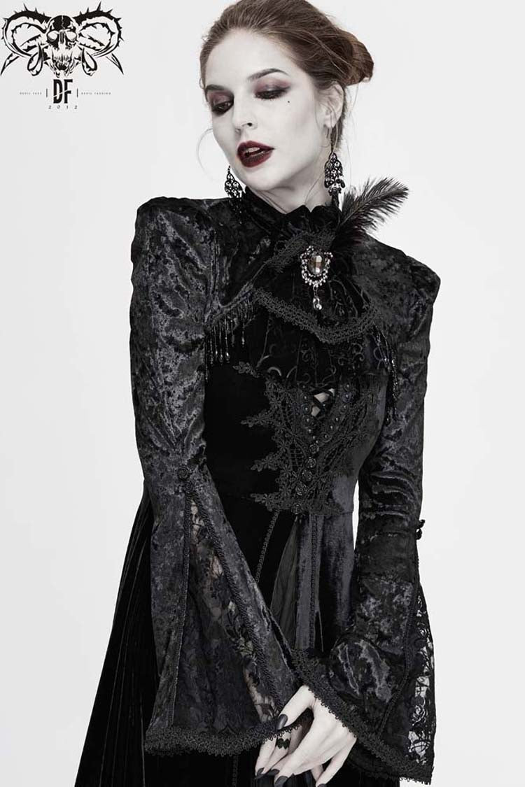 Black Lace Velvet Bubble Trumpet Sleeve Women's Gothic Small Shawl - Product - 2