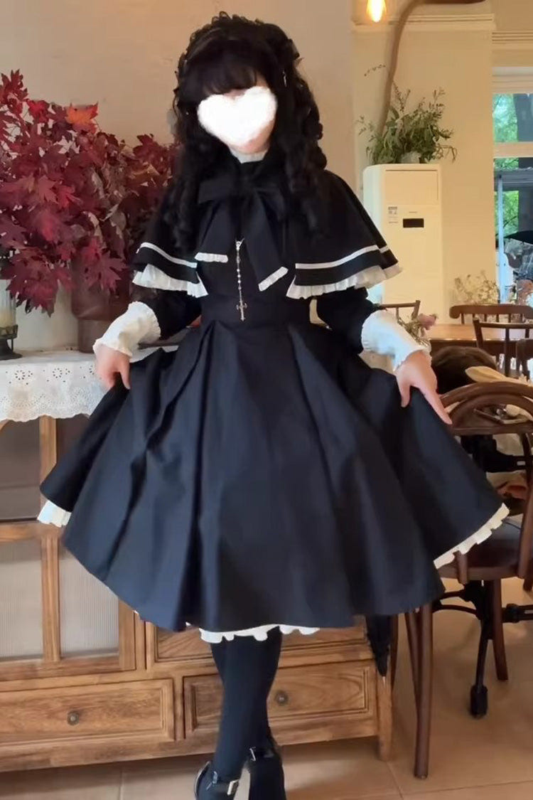 Black Long Sleeves Ruffled Bow Maid Gothic Lolita Dress Cloak Two-piece Set - Product - 4